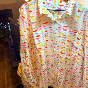 Take flight with this lively bird decorated long sleeve blouse plus size XXL but